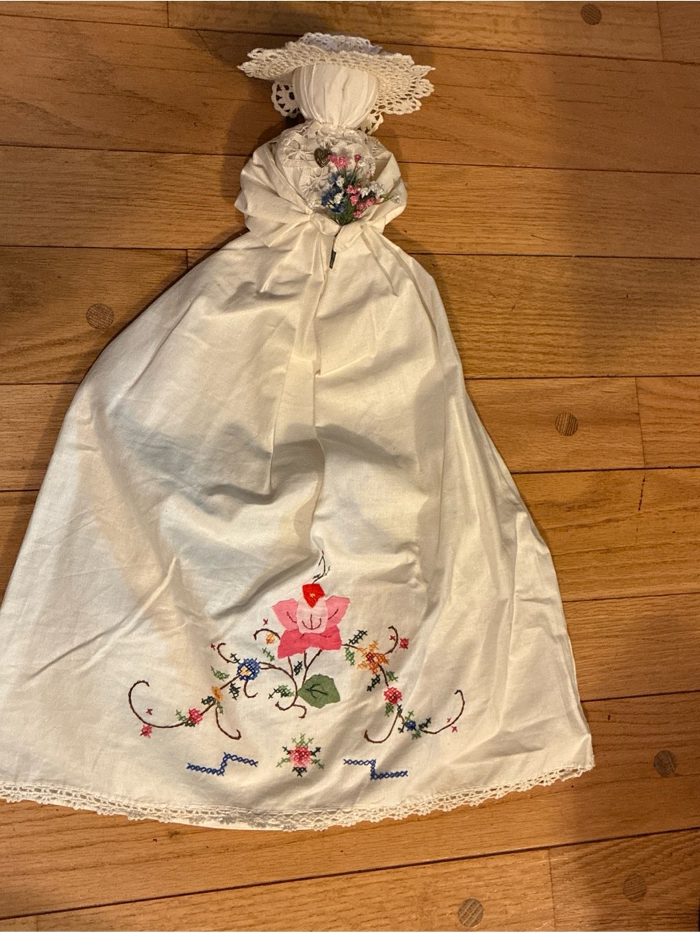 Hand Crafted White Embroidered Floral Hanging Doll